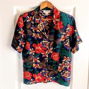 Vintage Talbots Petites Multicolor Jewel Tone Floral Silk Short Sleeve Shirt